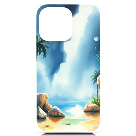 Delicate Watercolor Painting Surreal Oasis Scene With Intense Dramatic Lighting iPhone 14 Pro Max Black UV Print PC Hardshell Case from ArtsNow.com Front