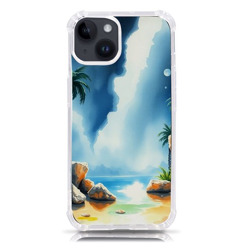 Delicate Watercolor Painting Surreal Oasis Scene With Intense Dramatic Lighting iPhone 14 TPU UV Print Case from ArtsNow.com Front