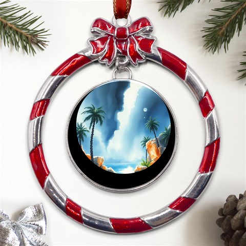 Delicate Watercolor Painting Surreal Oasis Scene With Intense Dramatic Lighting Metal Red Ribbon Round Ornament from ArtsNow.com Front