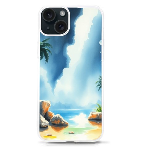 Delicate Watercolor Painting Surreal Oasis Scene With Intense Dramatic Lighting iPhone 15 TPU UV Print Case from ArtsNow.com Front