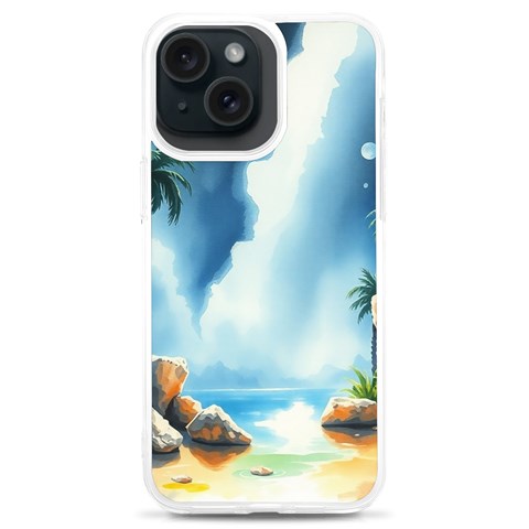 Delicate Watercolor Painting Surreal Oasis Scene With Intense Dramatic Lighting iPhone 15 Plus TPU UV Print Case from ArtsNow.com Front