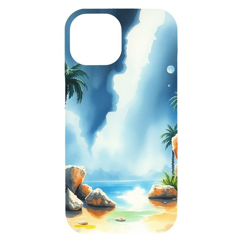 Delicate Watercolor Painting Surreal Oasis Scene With Intense Dramatic Lighting iPhone 15 Black UV Print PC Hardshell Case from ArtsNow.com Front