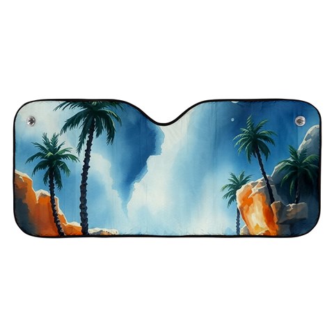 Delicate Watercolor Painting Surreal Oasis Scene With Intense Dramatic Lighting Car Windshield Sunshade from ArtsNow.com Front