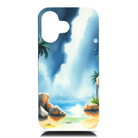 Delicate Watercolor Painting Surreal Oasis Scene With Intense Dramatic Lighting iPhone 16 Black UV Print PC Hardshell Case from ArtsNow.com Front