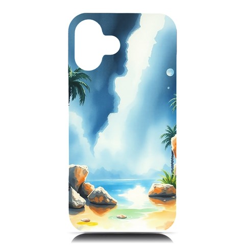 Delicate Watercolor Painting Surreal Oasis Scene With Intense Dramatic Lighting iPhone 16 Plus Black UV Print PC Hardshell Case from ArtsNow.com Front