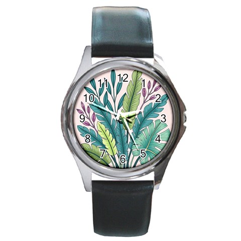 Illustrations Plants Nature Leaves Round Metal Watch from ArtsNow.com Front