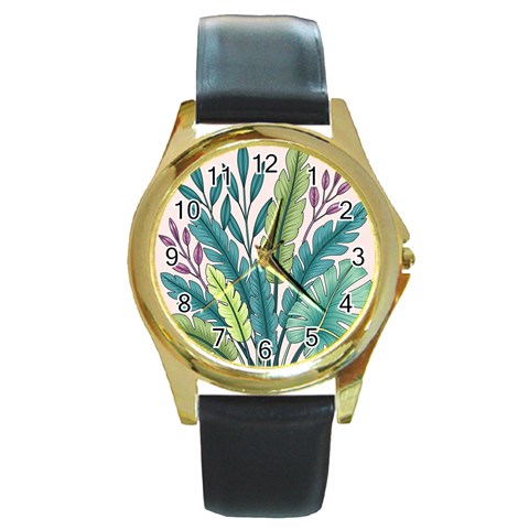 Illustrations Plants Nature Leaves Round Gold Metal Watch from ArtsNow.com Front