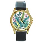 Illustrations Plants Nature Leaves Round Gold Metal Watch