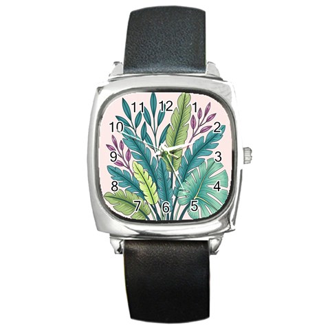 Illustrations Plants Nature Leaves Square Metal Watch from ArtsNow.com Front