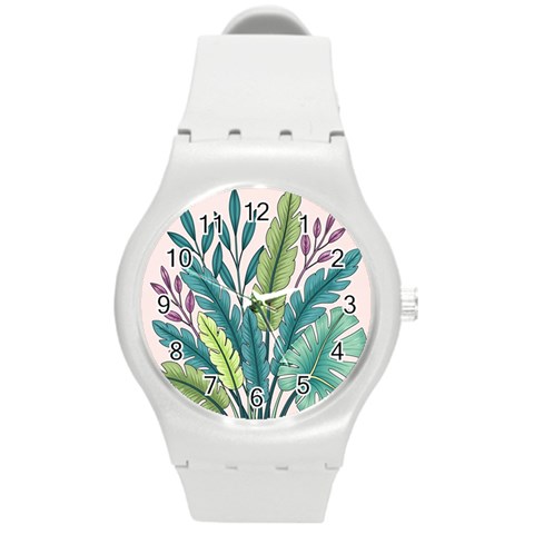 Illustrations Plants Nature Leaves Round Plastic Sport Watch (M) from ArtsNow.com Front