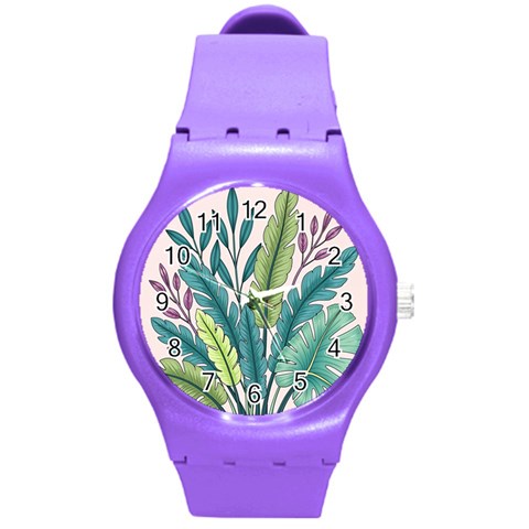 Illustrations Plants Nature Leaves Round Plastic Sport Watch (M) from ArtsNow.com Front