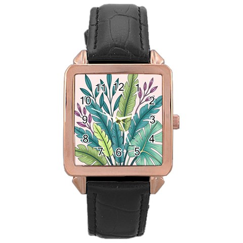 Illustrations Plants Nature Leaves Rose Gold Leather Watch  from ArtsNow.com Front