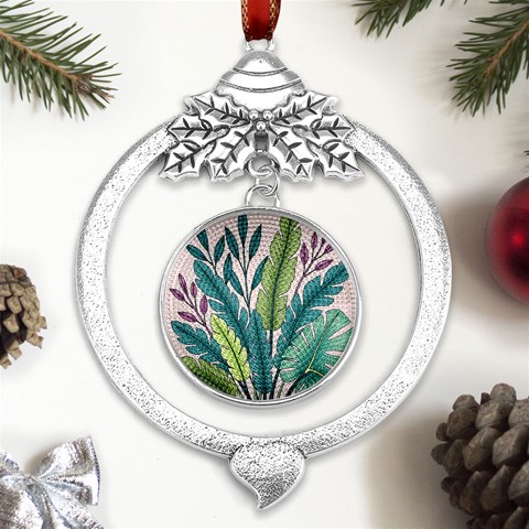 Illustrations Plants Nature Leaves Metal Silver X mas Leaves Round Ornament from ArtsNow.com Front