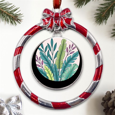 Illustrations Plants Nature Leaves Metal Red Ribbon Round Ornament from ArtsNow.com Front