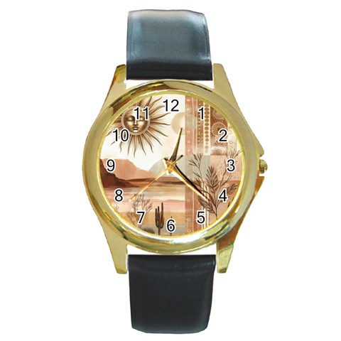 Abstract Sun Boho Bohemian Design Round Gold Metal Watch from ArtsNow.com Front