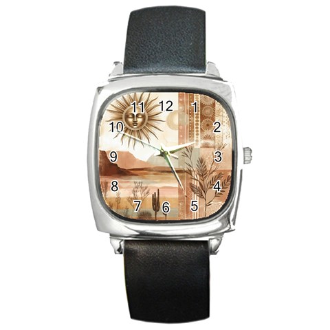 Abstract Sun Boho Bohemian Design Square Metal Watch from ArtsNow.com Front