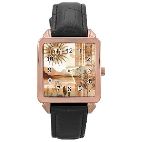 Abstract Sun Boho Bohemian Design Rose Gold Leather Watch  from ArtsNow.com Front