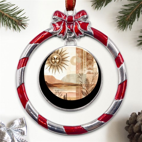 Abstract Sun Boho Bohemian Design Metal Red Ribbon Round Ornament from ArtsNow.com Front