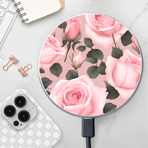 Pink Roses Wireless Fast Charger(White) from ArtsNow.com Front