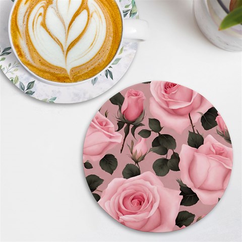 Pink Roses UV Print Round Tile Coaster from ArtsNow.com Front