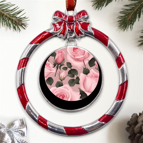 Pink Roses Metal Red Ribbon Round Ornament from ArtsNow.com Front