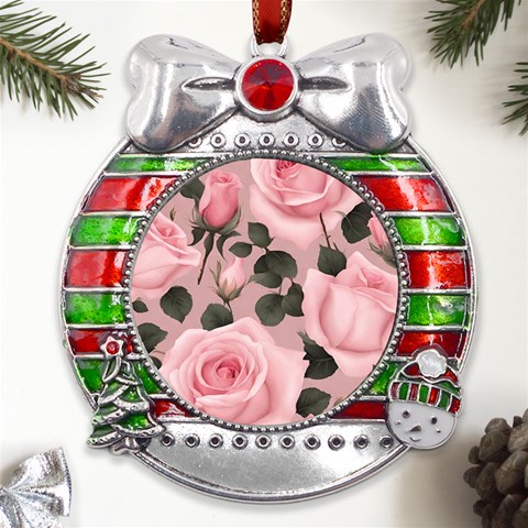 Pink Roses Metal X Mas Ribbon With Red Crystal Round Ornament from ArtsNow.com Front