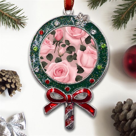 Pink Roses Metal X Mas Lollipop with Crystal Ornament from ArtsNow.com Front