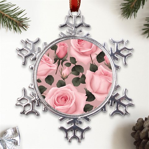 Pink Roses Metal Large Snowflake Ornament from ArtsNow.com Front