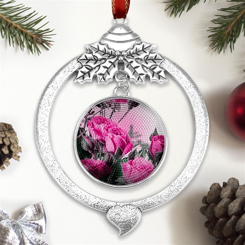 Roses Floral Flowers Nature Pink Romance Romantic Valentines Day Love Metal Silver X mas Leaves Round Ornament from ArtsNow.com Front