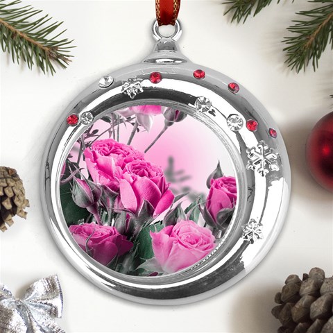 Roses Floral Flowers Nature Pink Romance Romantic Valentines Day Love Metal Snowflake Red Crystal Round Ornament from ArtsNow.com Front