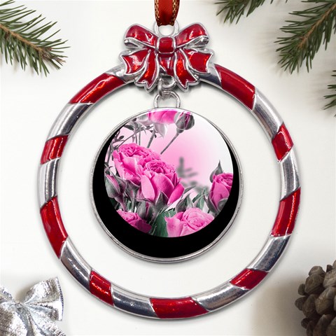 Roses Floral Flowers Nature Pink Romance Romantic Valentines Day Love Metal Red Ribbon Round Ornament from ArtsNow.com Front