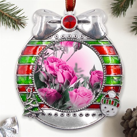 Roses Floral Flowers Nature Pink Romance Romantic Valentines Day Love Metal X Mas Ribbon With Red Crystal Round Ornament from ArtsNow.com Front