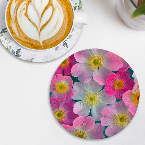 Pink Neon Flowers Flower UV Print Round Tile Coaster from ArtsNow.com Front