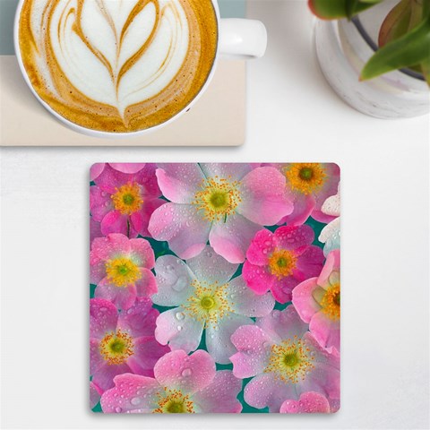 Pink Neon Flowers Flower UV Print Square Tile Coaster  from ArtsNow.com Front