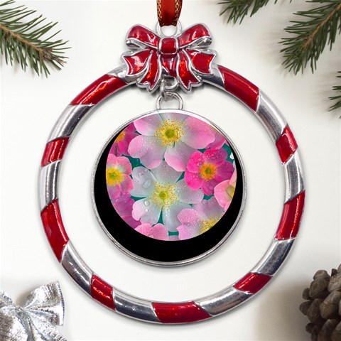 Pink Neon Flowers Flower Metal Red Ribbon Round Ornament from ArtsNow.com Front