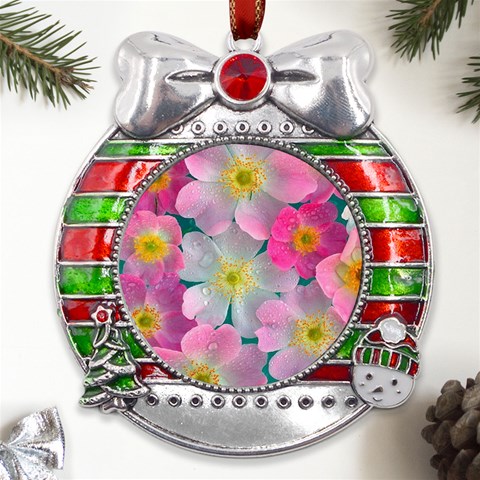 Pink Neon Flowers Flower Metal X Mas Ribbon With Red Crystal Round Ornament from ArtsNow.com Front