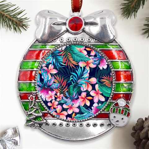 Hawaiian Flowers Hawaii Metal X Mas Ribbon With Red Crystal Round Ornament from ArtsNow.com Front