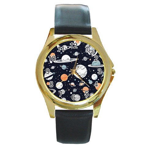 Space Galaxy Universe Stars Sky Round Gold Metal Watch from ArtsNow.com Front