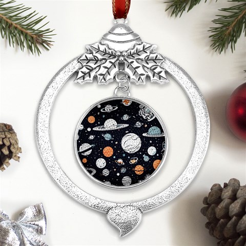 Space Galaxy Universe Stars Sky Metal Silver X mas Leaves Round Ornament from ArtsNow.com Front