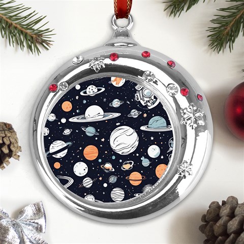 Space Galaxy Universe Stars Sky Metal Snowflake Red Crystal Round Ornament from ArtsNow.com Front