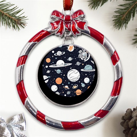 Space Galaxy Universe Stars Sky Metal Red Ribbon Round Ornament from ArtsNow.com Front