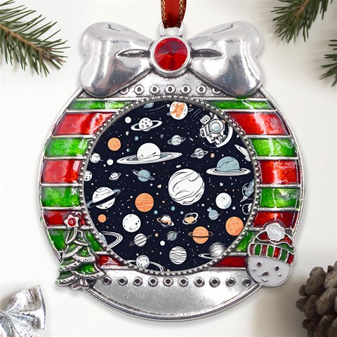 Space Galaxy Universe Stars Sky Metal X Mas Ribbon With Red Crystal Round Ornament from ArtsNow.com Front