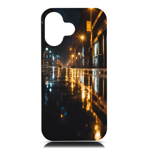 Rainy City Street iPhone 16 Black UV Print PC Hardshell Case from ArtsNow.com Front