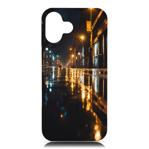 Rainy City Street iPhone 16 Plus Black UV Print PC Hardshell Case from ArtsNow.com Front