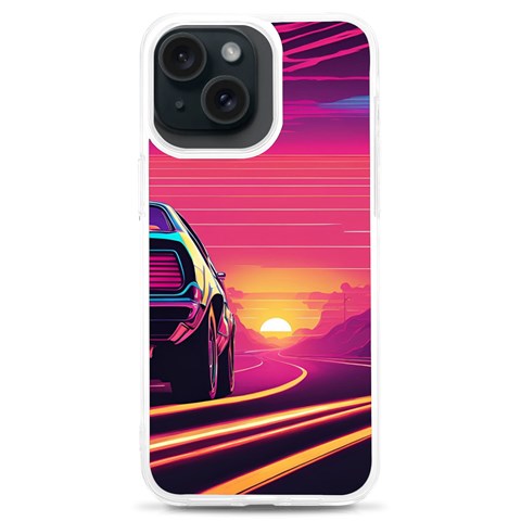 Retrowave Sunset iPhone 15 Plus TPU UV Print Case from ArtsNow.com Front