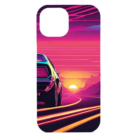 Retrowave Sunset iPhone 15 Black UV Print PC Hardshell Case from ArtsNow.com Front