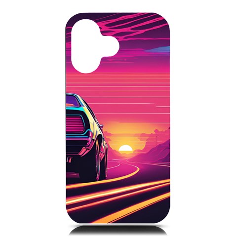 Retrowave Sunset iPhone 16 Black UV Print PC Hardshell Case from ArtsNow.com Front