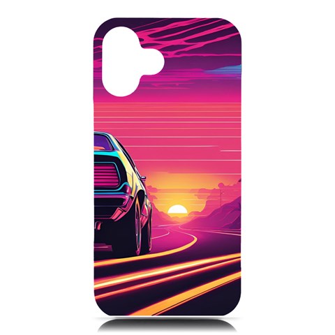 Retrowave Sunset iPhone 16 Plus Black UV Print PC Hardshell Case from ArtsNow.com Front