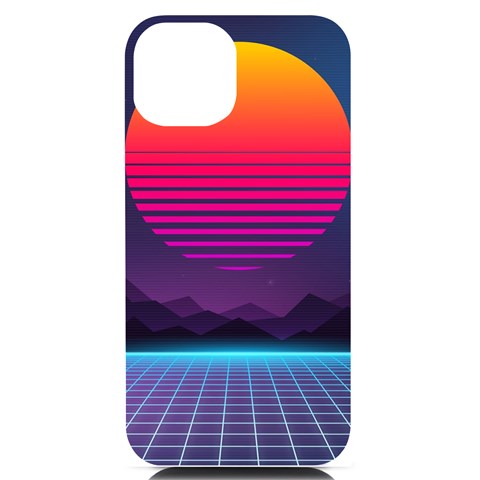 Retrowave Grid Sunset iPhone 14 Black UV Print PC Hardshell Case from ArtsNow.com Front