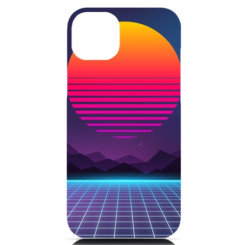 Retrowave Grid Sunset iPhone 14 Plus Black UV Print PC Hardshell Case from ArtsNow.com Front